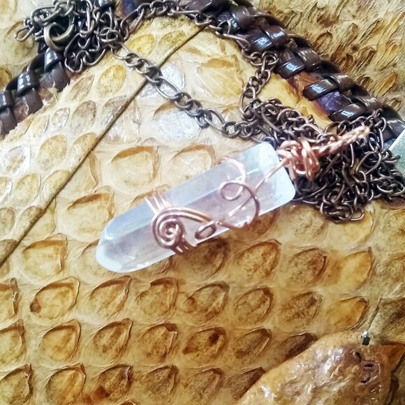 Clear Angel Aura Quartz Necklace - Handmade - Wire Wrapped - Copper Chain 22" - Picture 7 of 12